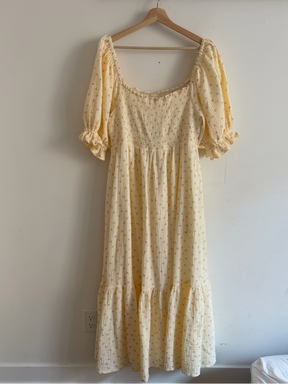 Puff-Sleeve Smocked Maxi Dress in Pale Yellow